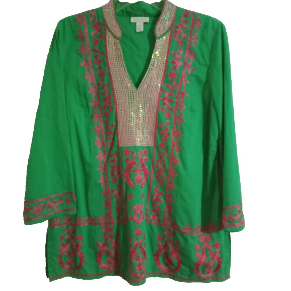 Charter Club Tunic Women's Size Medium Floral Embroidery  Sequined V-Neck